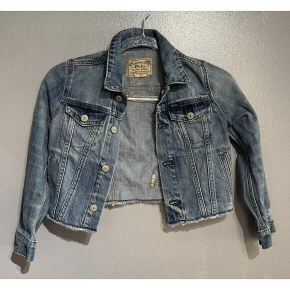 Polo Ralph Lauren Jean Jacket Youth Blue Denim Spell Out Logo Cropped Girl's 7